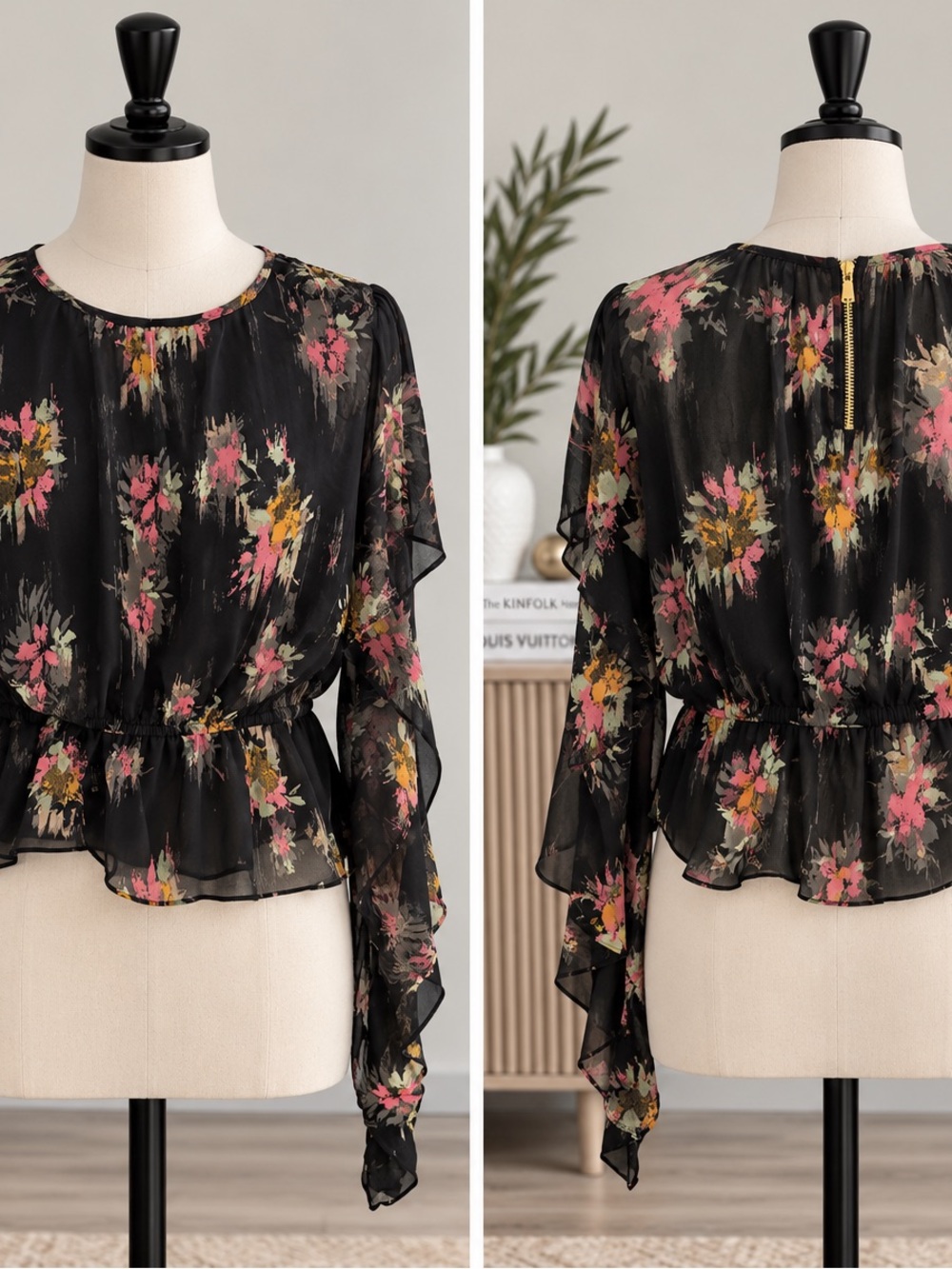 Steve Madden Black Floral Ruffle Peplum Blouse with Pink and Yellow Accents